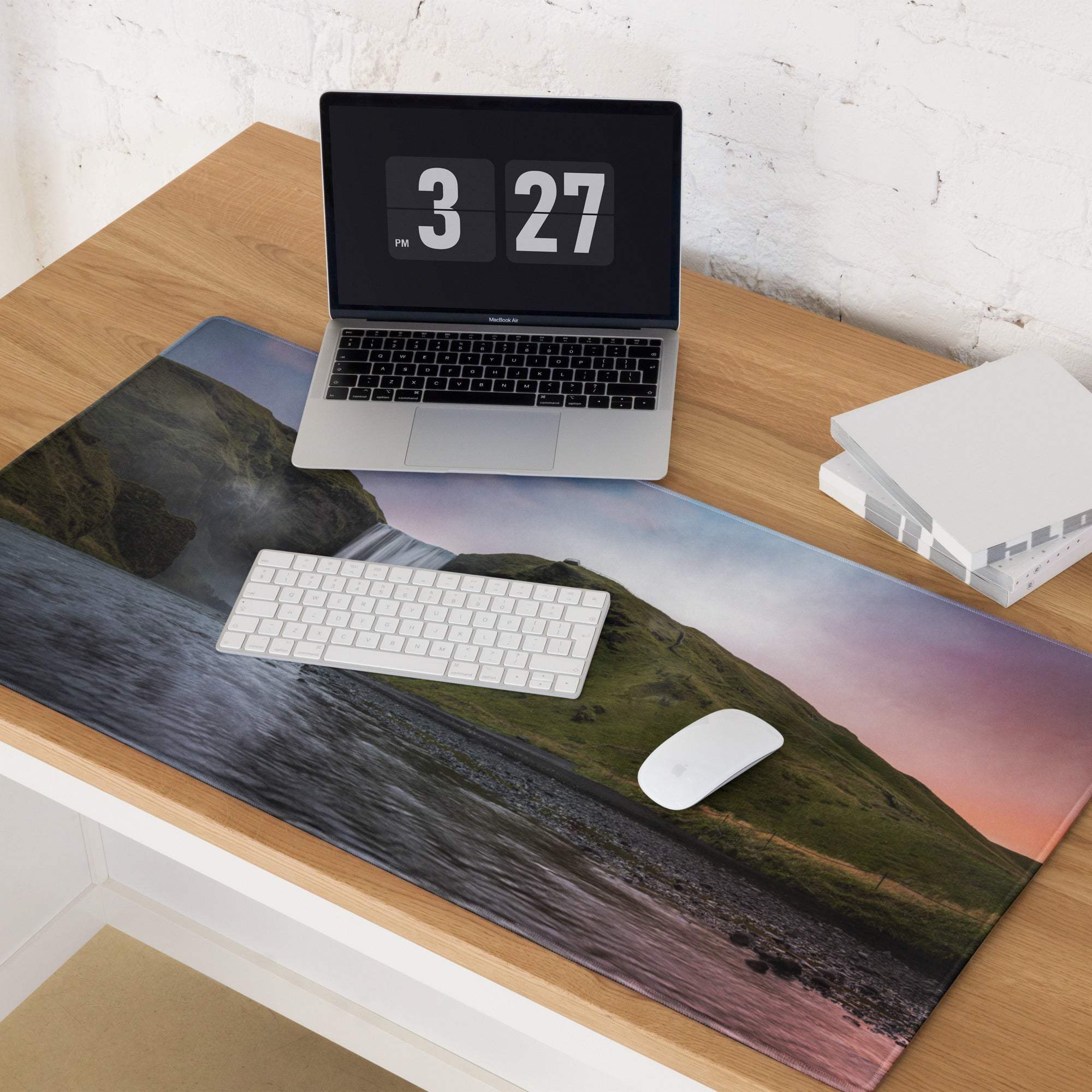 Premium large scenic sunset gaming mouse pad with green hills waterfall print