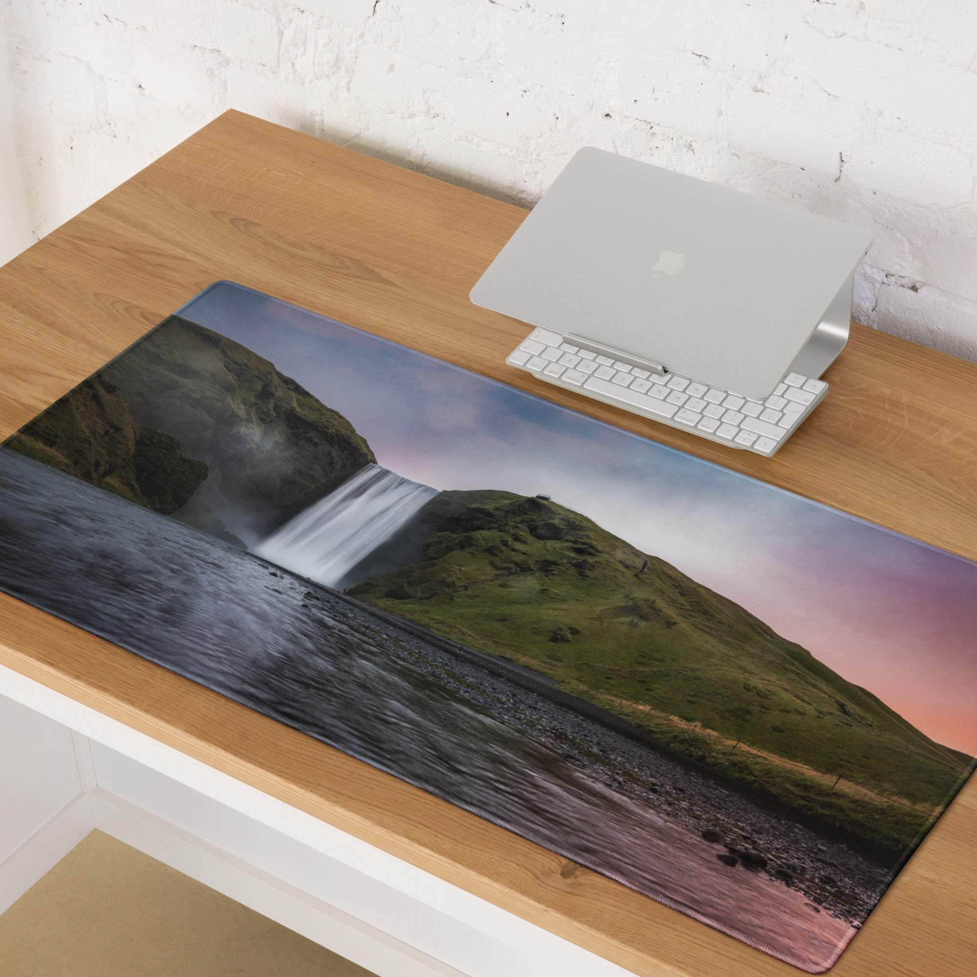 Premium large scenic sunset gaming mouse pad with waterfall print