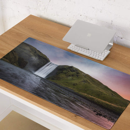 Premium large scenic sunset gaming mouse pad with waterfall print