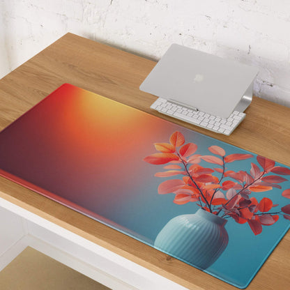 Vibrant gradient gaming mouse pad with orange-to-blue fade, leaves in teal vase