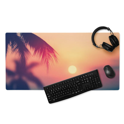 Tropical sunset gaming mouse pad with palm silhouettes, non-slip surface