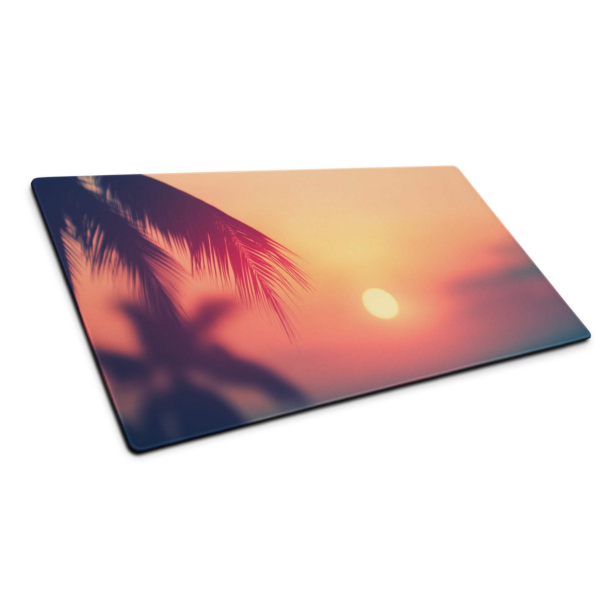 Large tropical sunset gaming mouse pad with palm silhouettes, non-slip surface