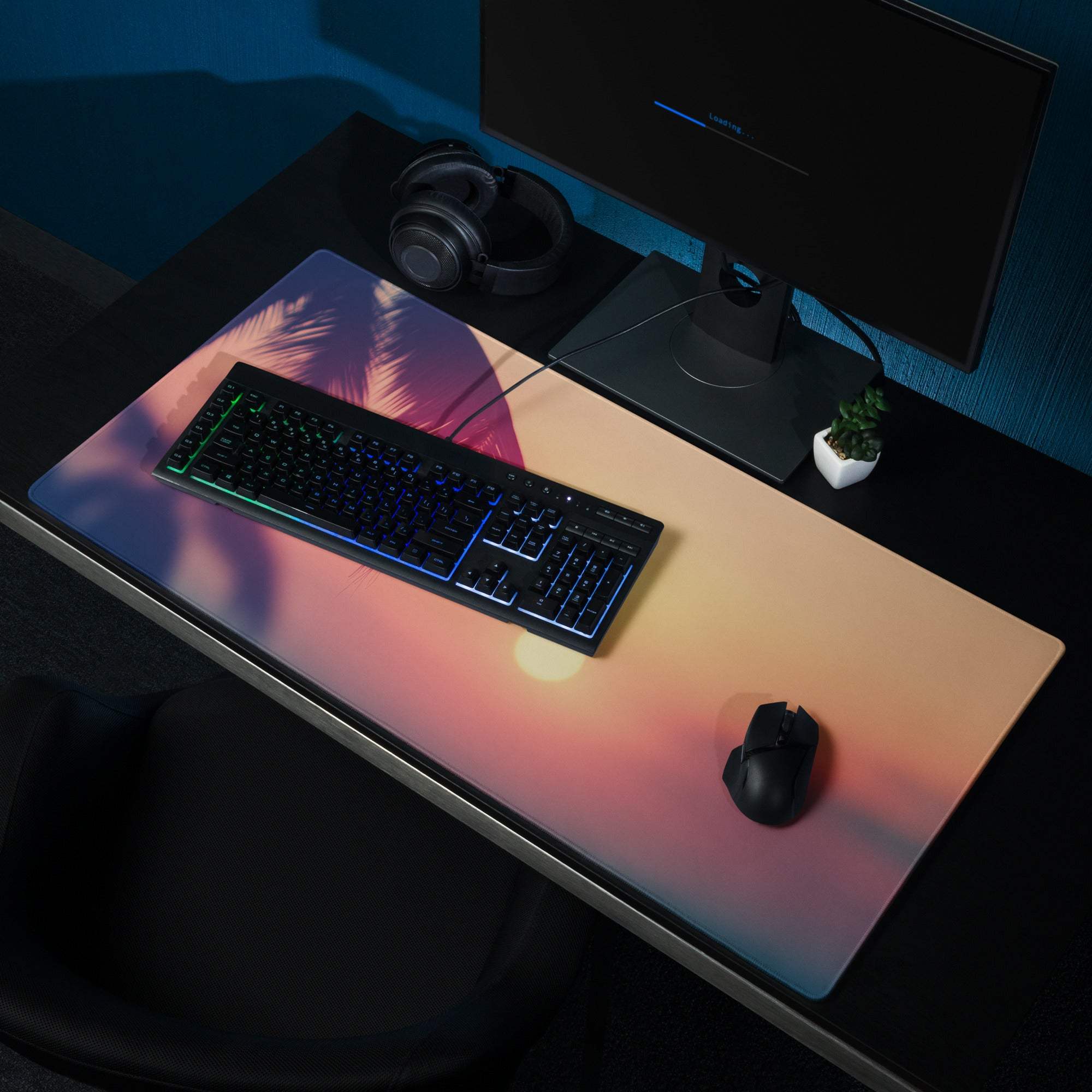 Large tropical sunset gaming mouse pad with palm trees, non-slip surface, stitched edges