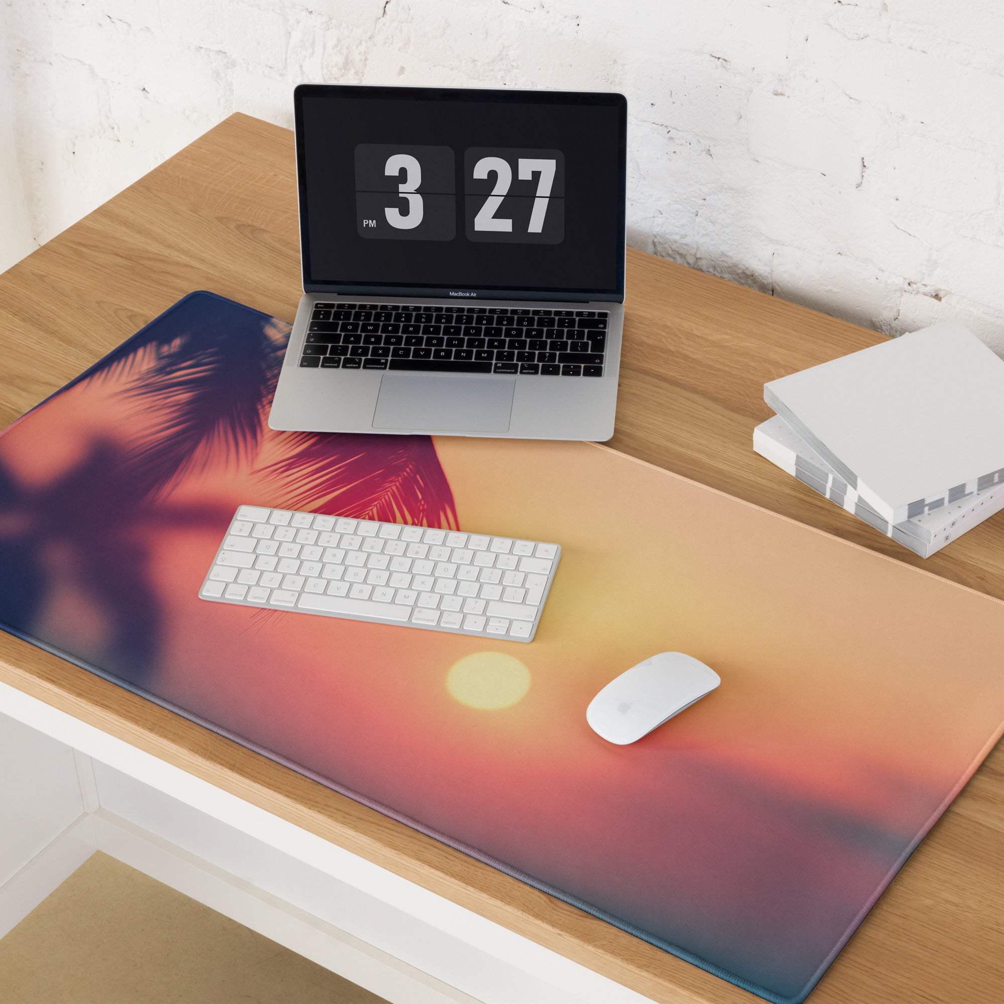Tropical sunset gaming mouse pad with palm fronds, large non-slip surface