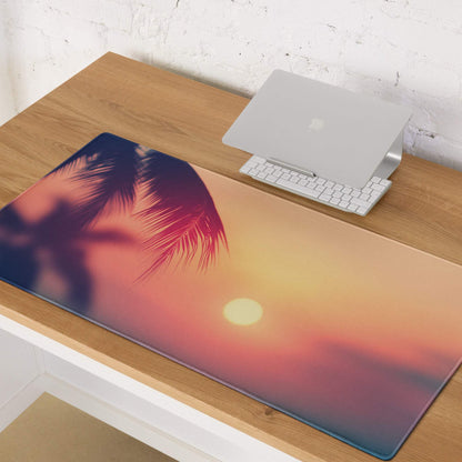 Large tropical sunset gaming mouse pad with non-slip surface and stitched edges