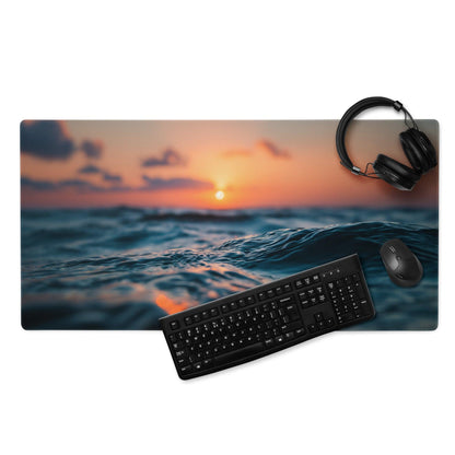 Vibrant ocean sunset gaming mousepad with blue mood, keyboard, mouse