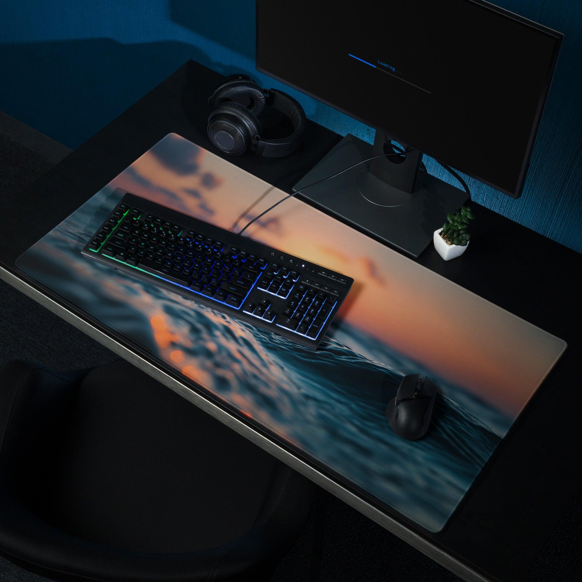 Vibrant ocean sunset wave large gaming mouse pad with non-slip base