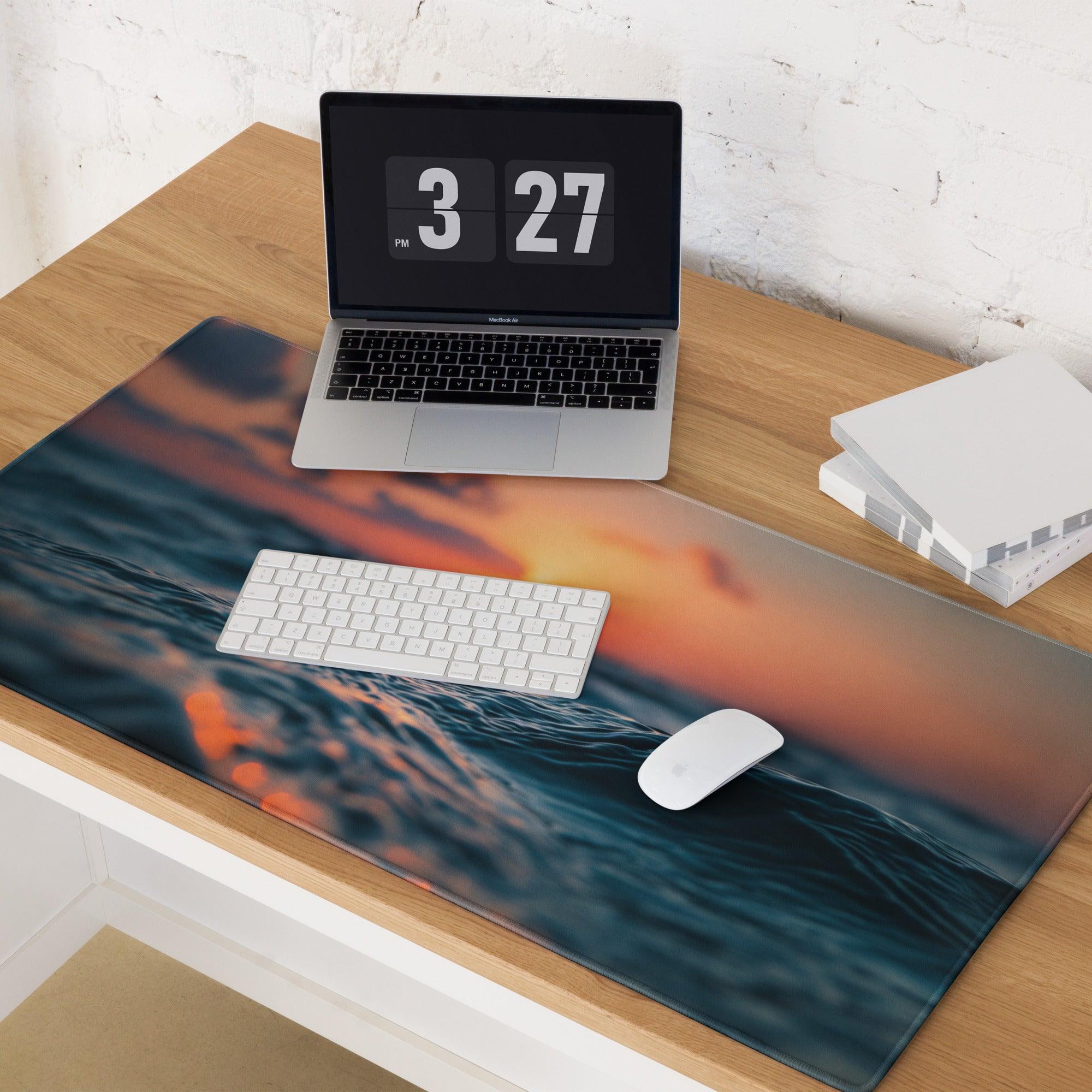Vibrant ocean sunset blue mood large gaming mouse pad with waves design