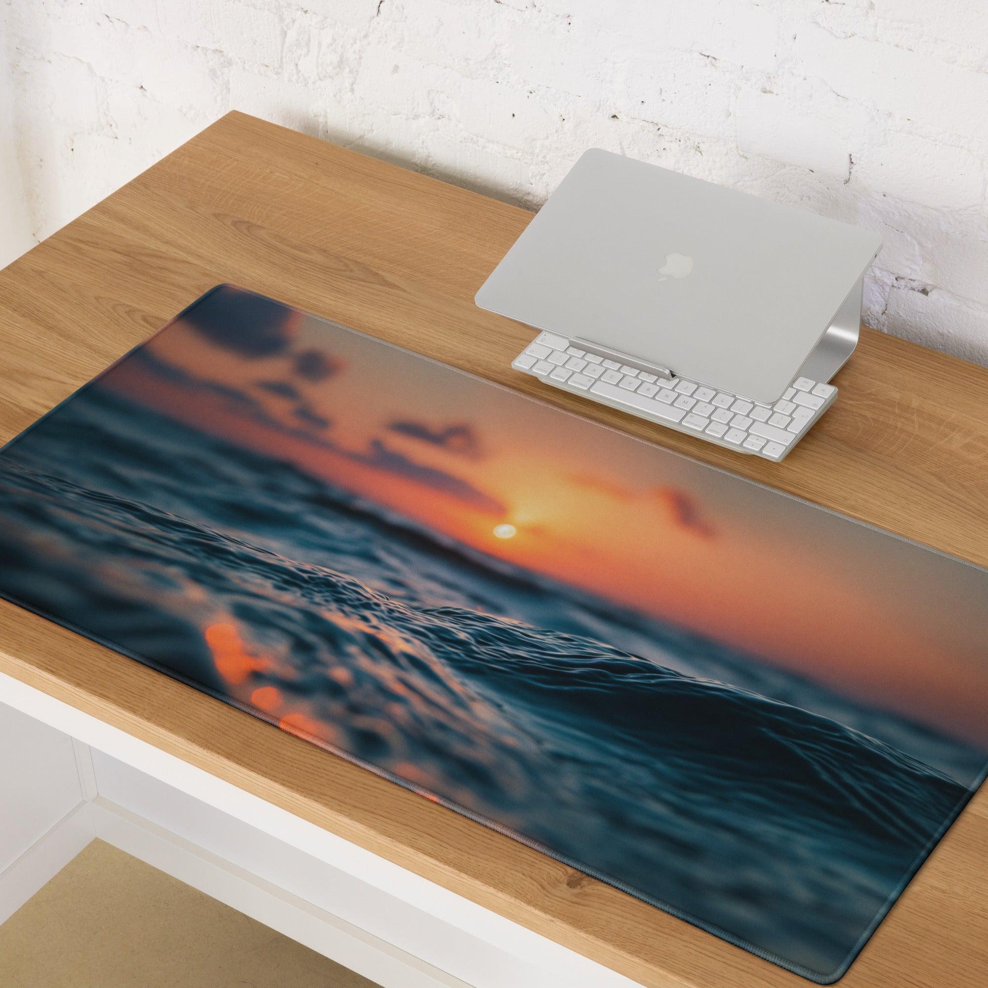 Vibrant ocean sunset blue mood large gaming mouse pad with waves in orange hues