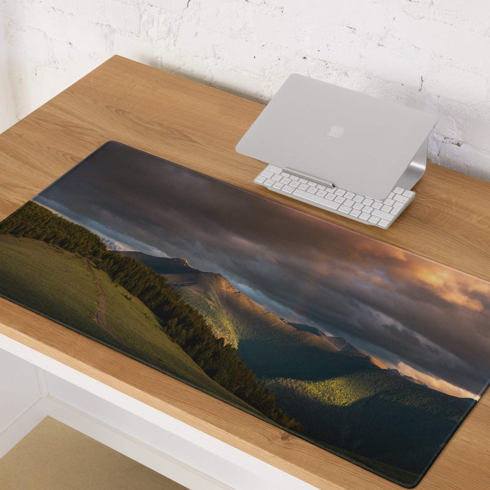 Epic mountain sunset gaming mouse pad with non-slip edge stitch