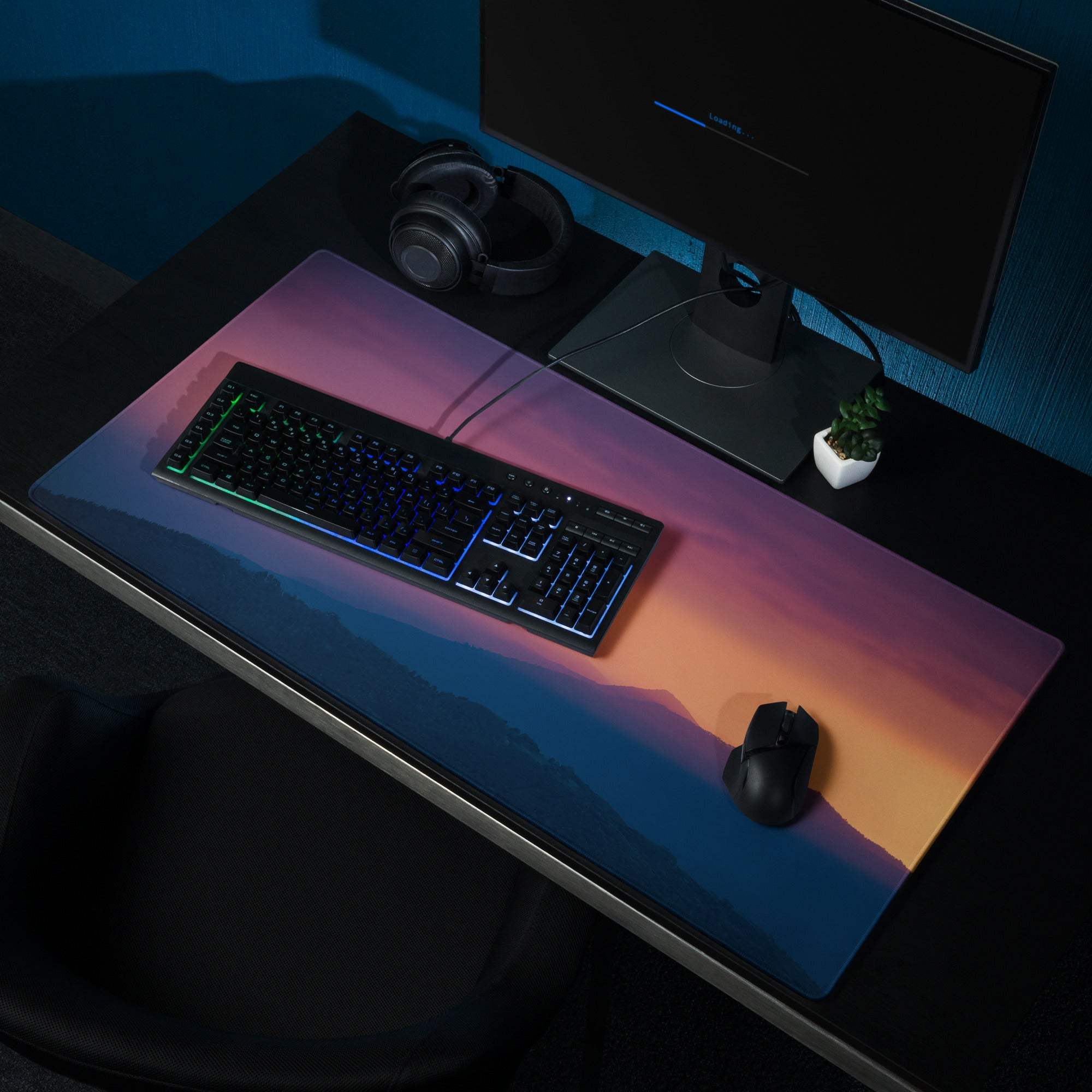 Stylish sunset purple orange gaming mouse pad with vibrant gradient mountains