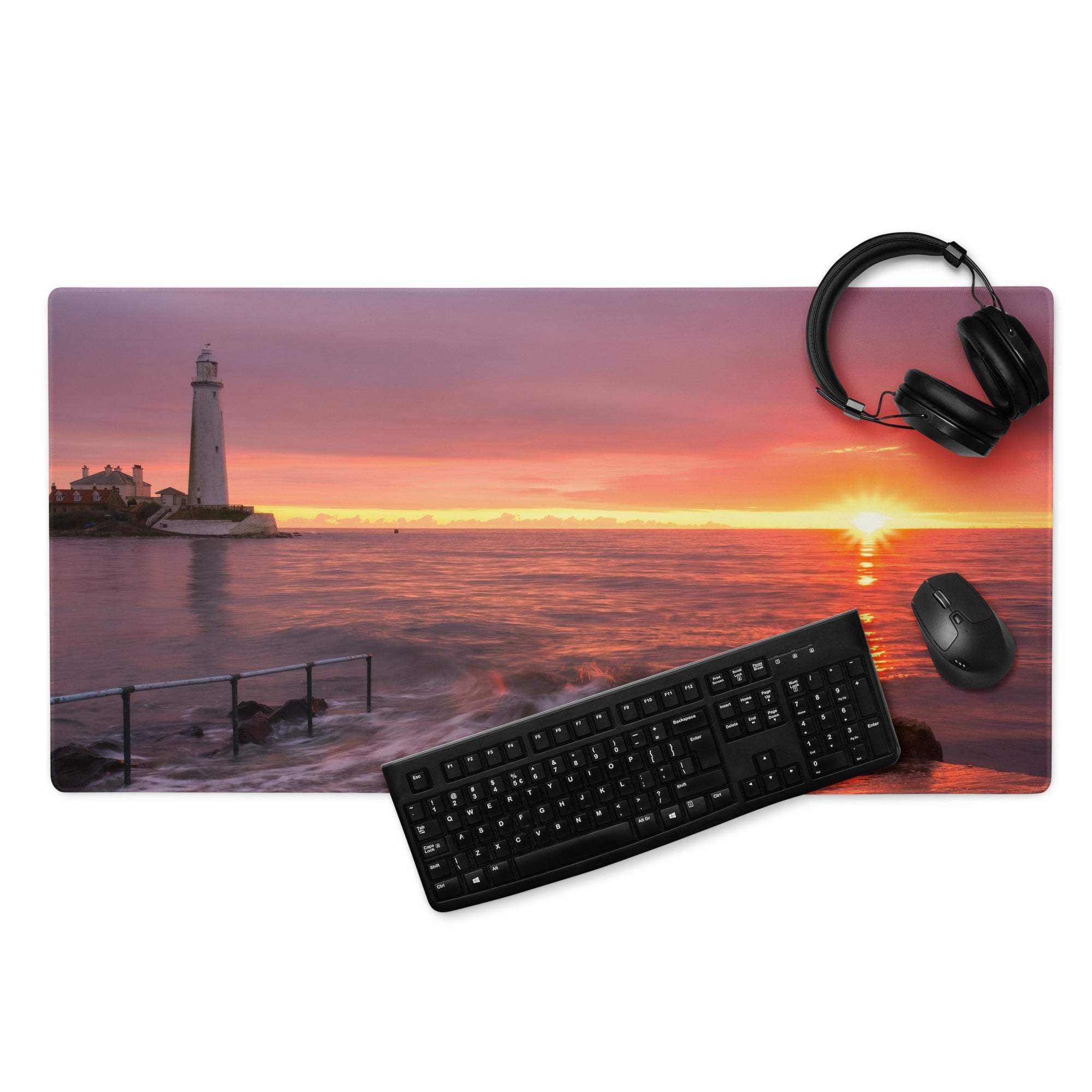 Epic Sunset Seascape gaming mouse pad with vibrant sea sunset and lighthouse