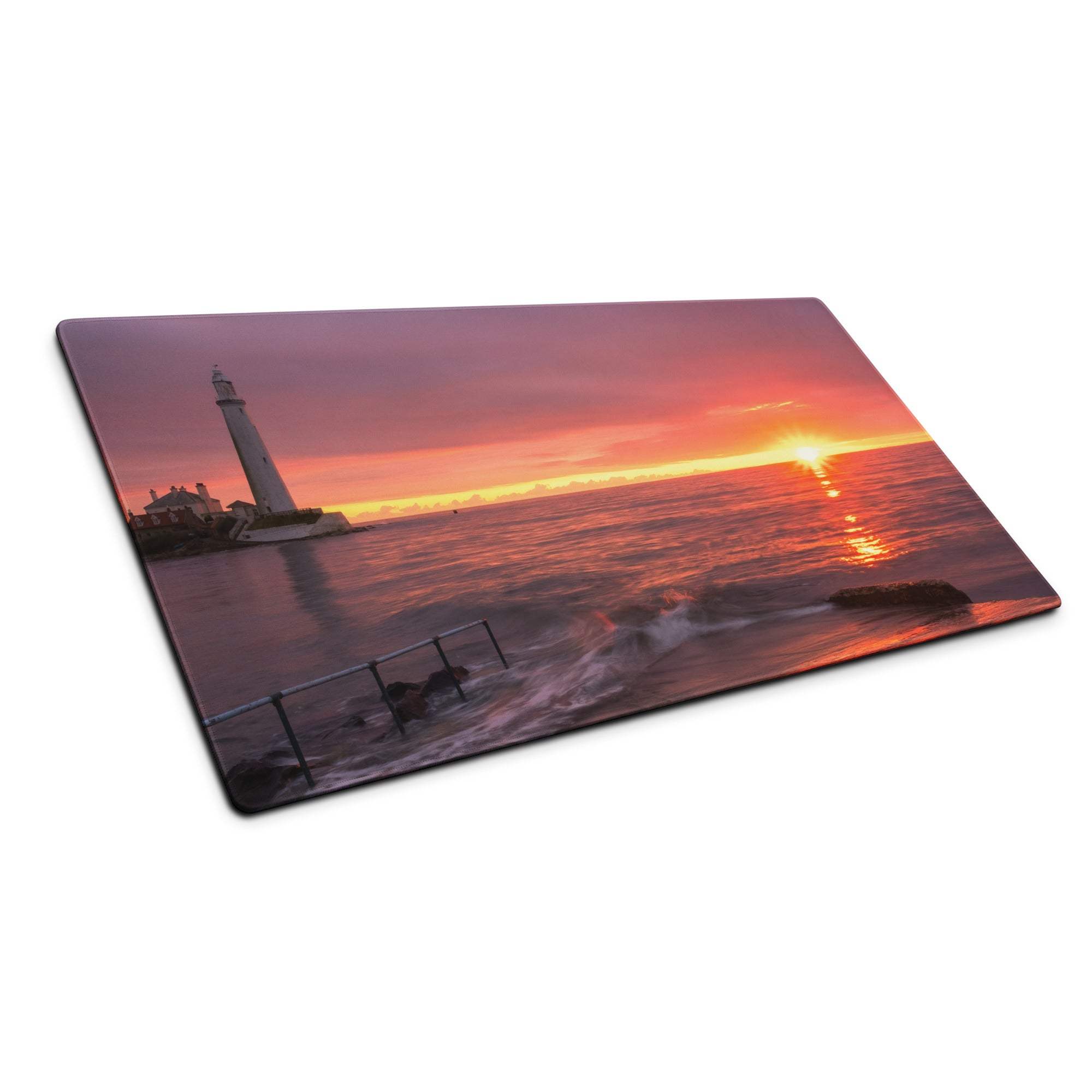 Epic Sunset Seascape gaming mouse pad with vibrant sea sunset and lighthouse