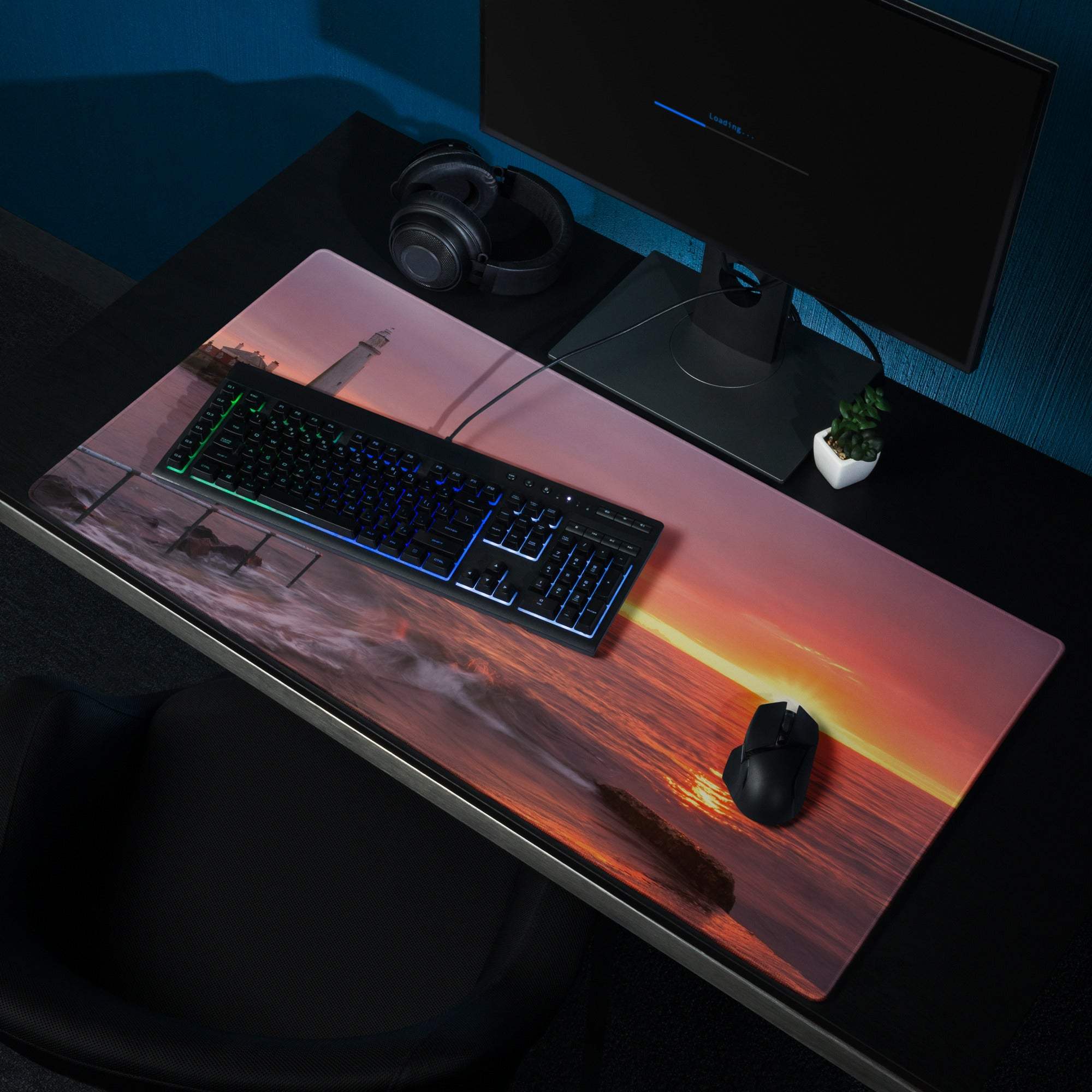 Epic Sunset Seascape gaming mouse pad with lighthouse sunset over ocean