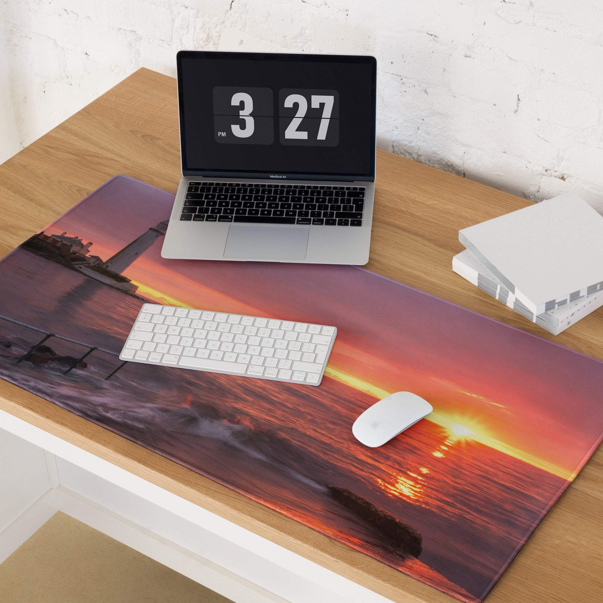 Epic Sunset Seascape large gaming mouse pad with non-slip base, vibrant sunset over water