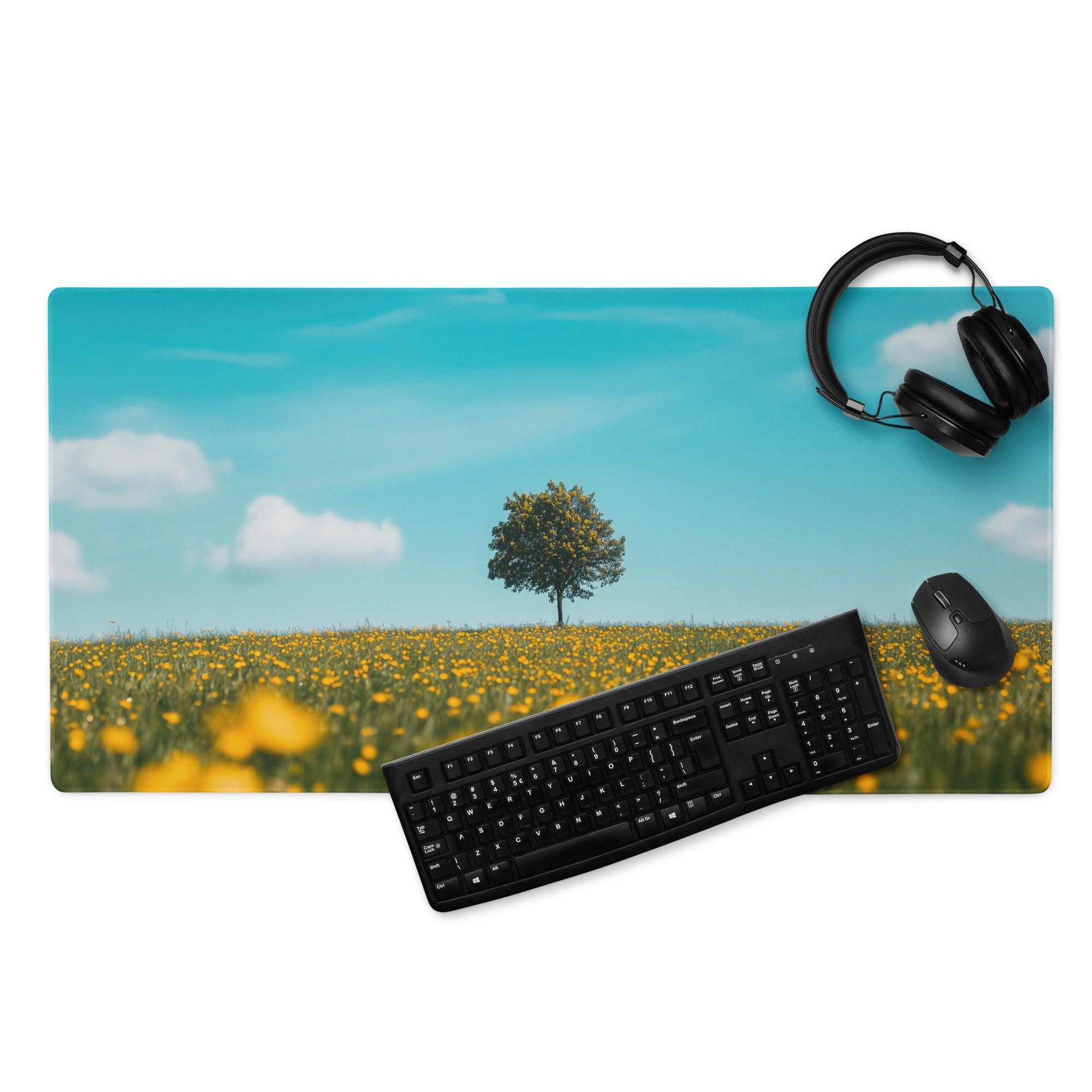 Large scenic yellow flower field gaming mouse pad with tree, non-slip base