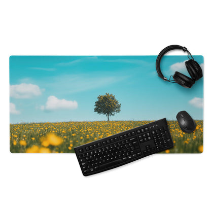 Large scenic yellow flower field gaming mouse pad with tree, non-slip base
