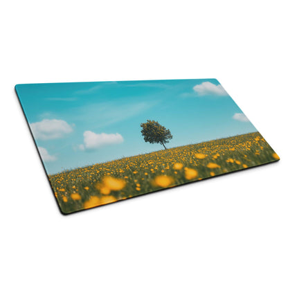 Large scenic yellow flower field gaming mouse pad with tree, stitched edges, non-slip base