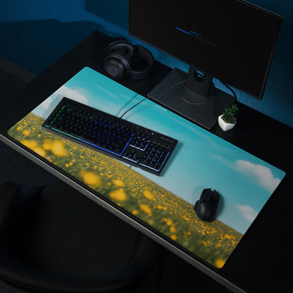 Large scenic sunflower field gaming mouse pad with edge stitching and non-slip base