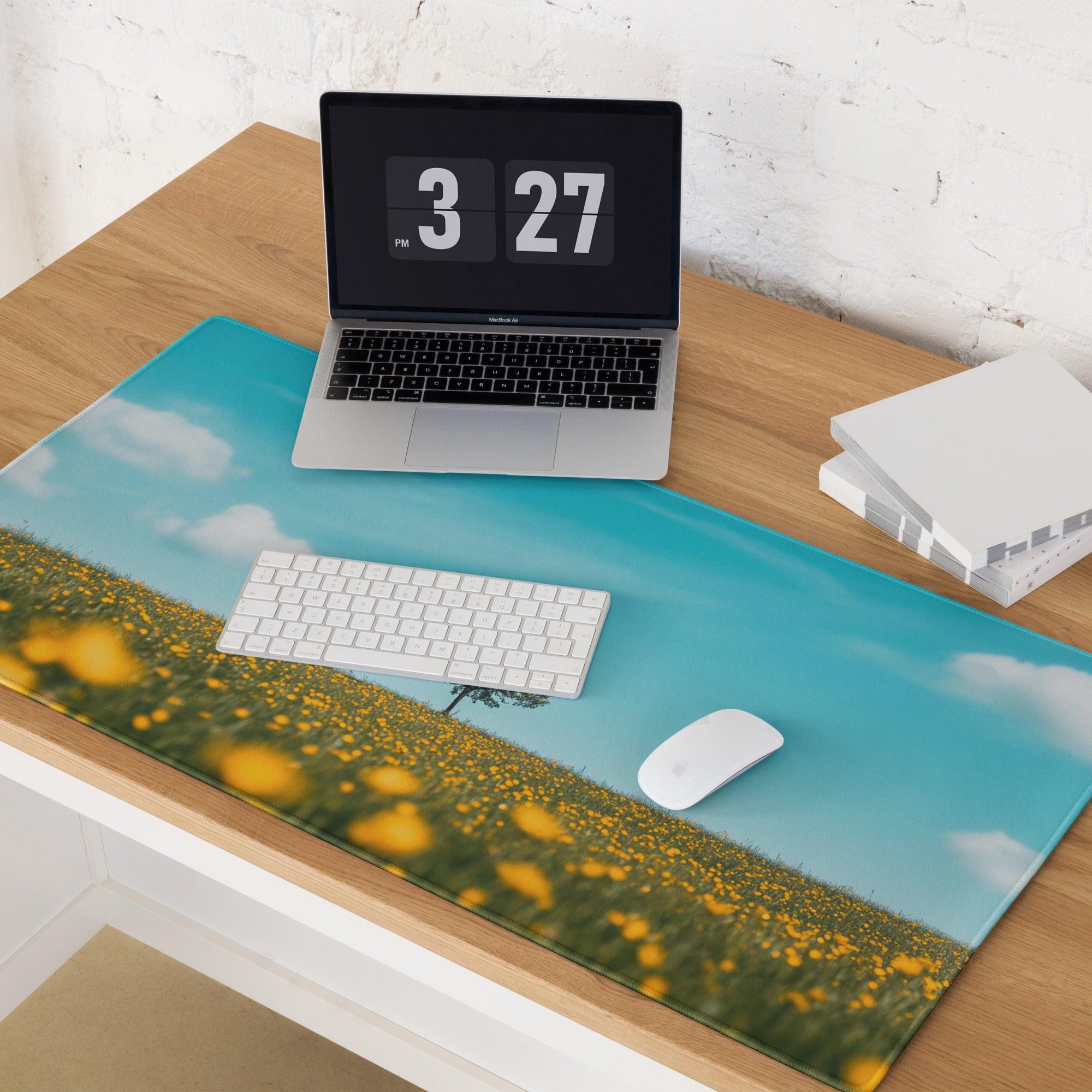 Large blue field mousepad with yellow flowers, tree, clouds, edge stitching, non-slip base