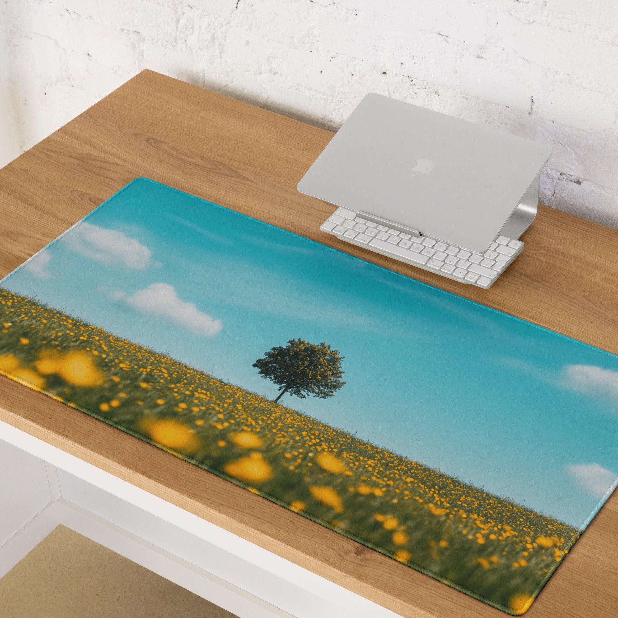 Large scenic sunflower field gaming mouse pad with edge stitching and non-slip base
