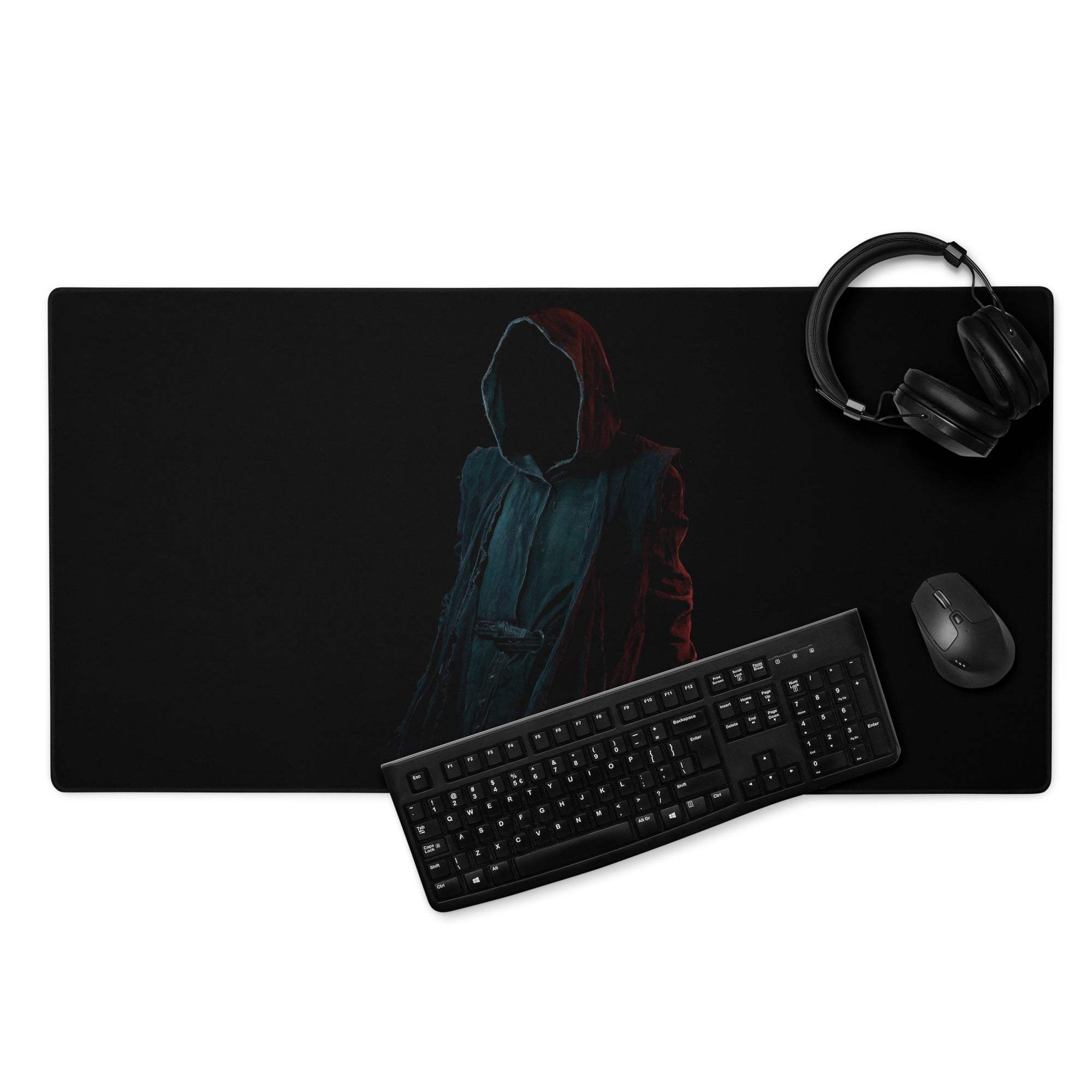 Black gaming mousepad with dark hooded figure in red teal neon glow