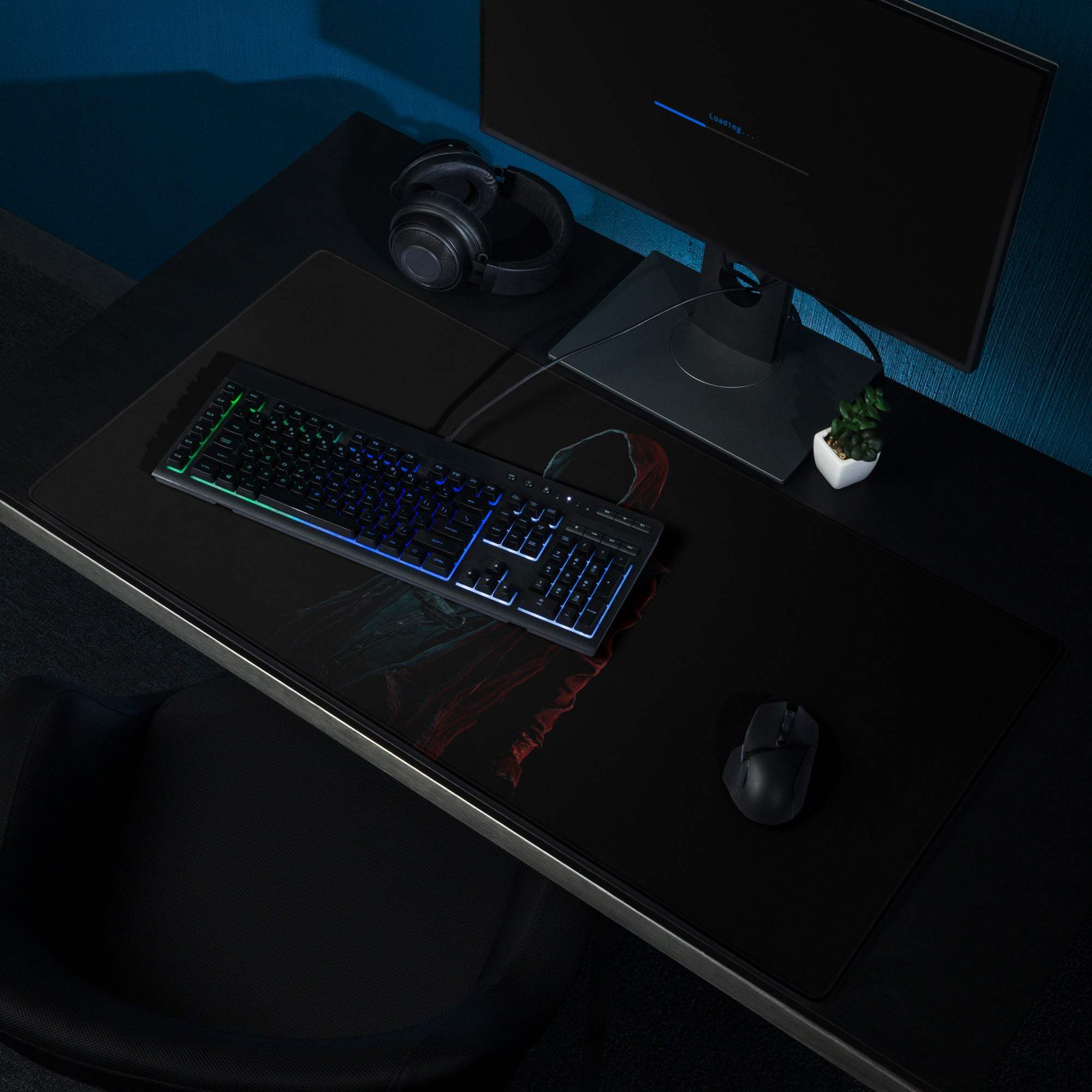 Epic Dark Neon Hooded Figure large gaming mouse pad black with red blue graphics