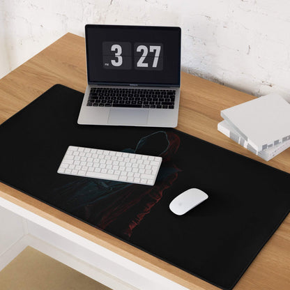 Epic Dark Neon Hooded Figure large gaming mouse pad, black with teal red design