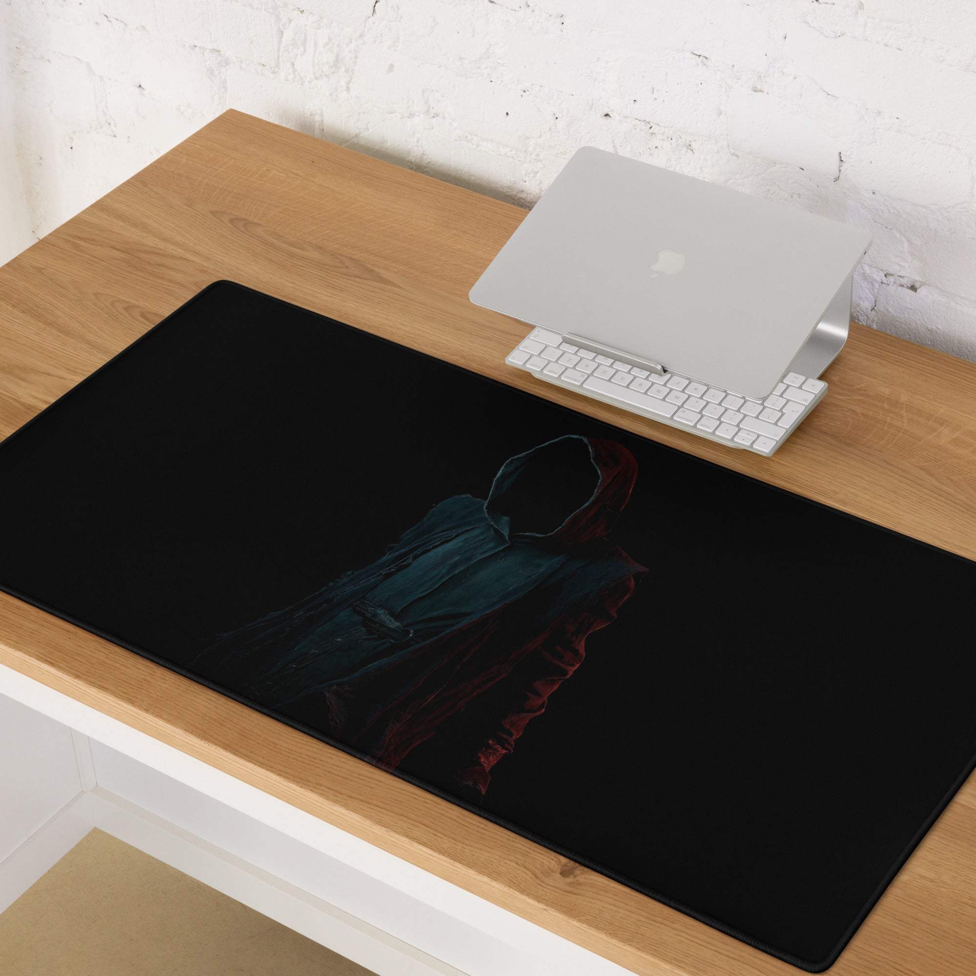 Epic Dark Neon Hooded Figure large gaming mouse pad in teal and red tones