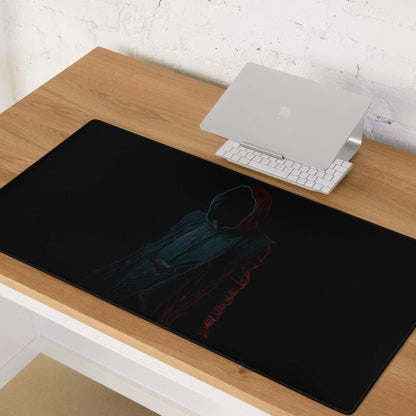 Epic Dark Neon Hooded Figure large gaming mouse pad in teal and red tones