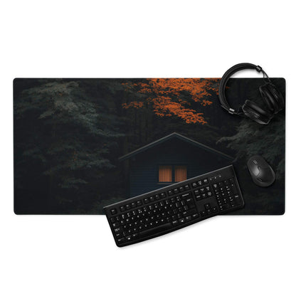 Mystic Forest Cabin gaming mouse pad with dark forest, orange tree, lit cabin