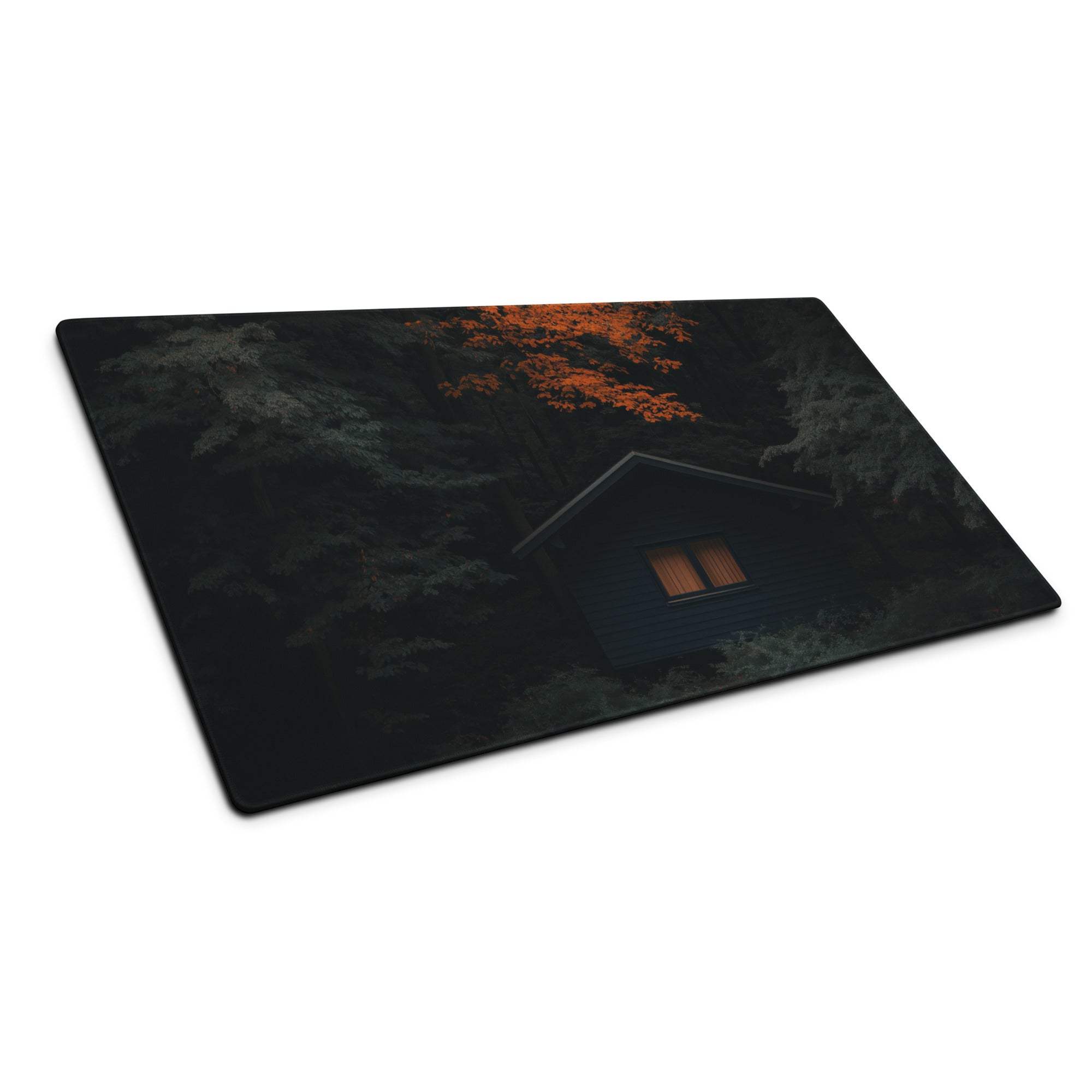 Black rectangular cutting board with mystic forest cabin in dark autumn trees