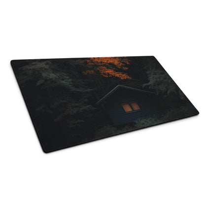 Black rectangular cutting board with mystic forest cabin in dark autumn trees
