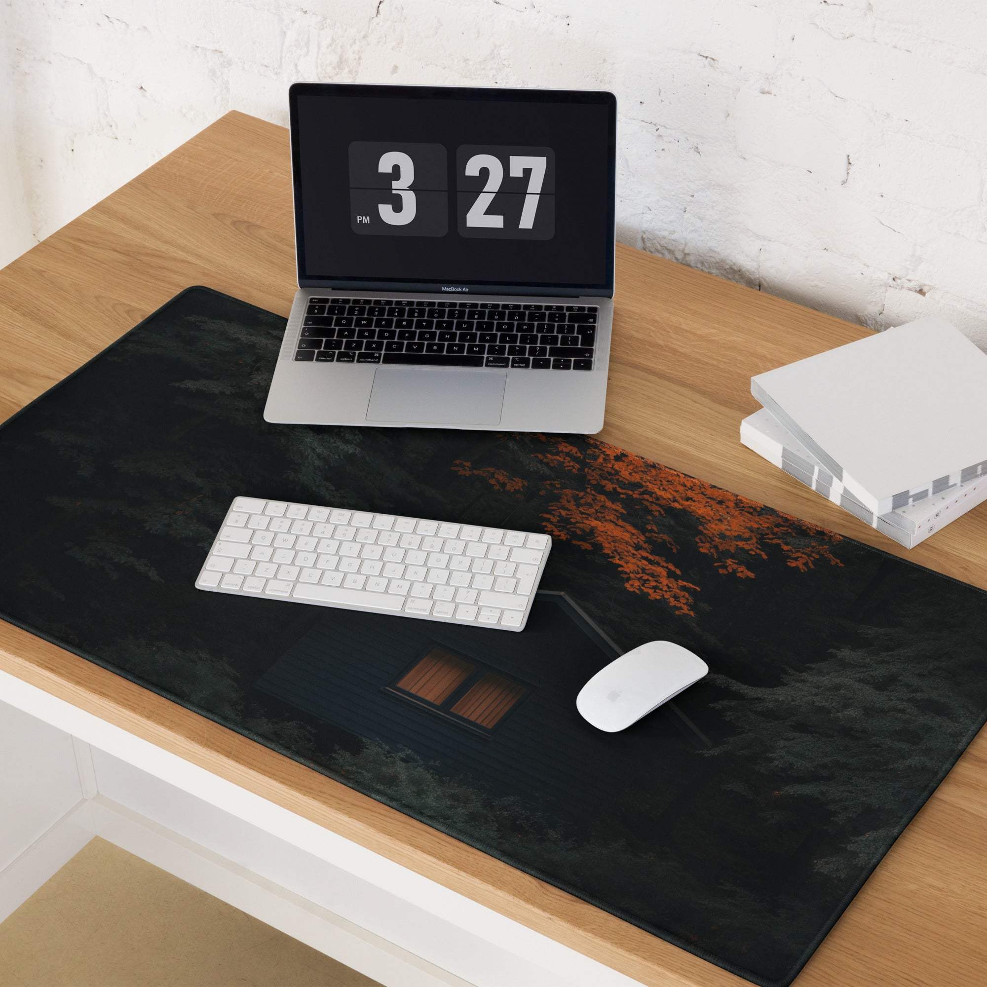 Mystic Forest black desk mat with orange autumn trees gaming mouse pad