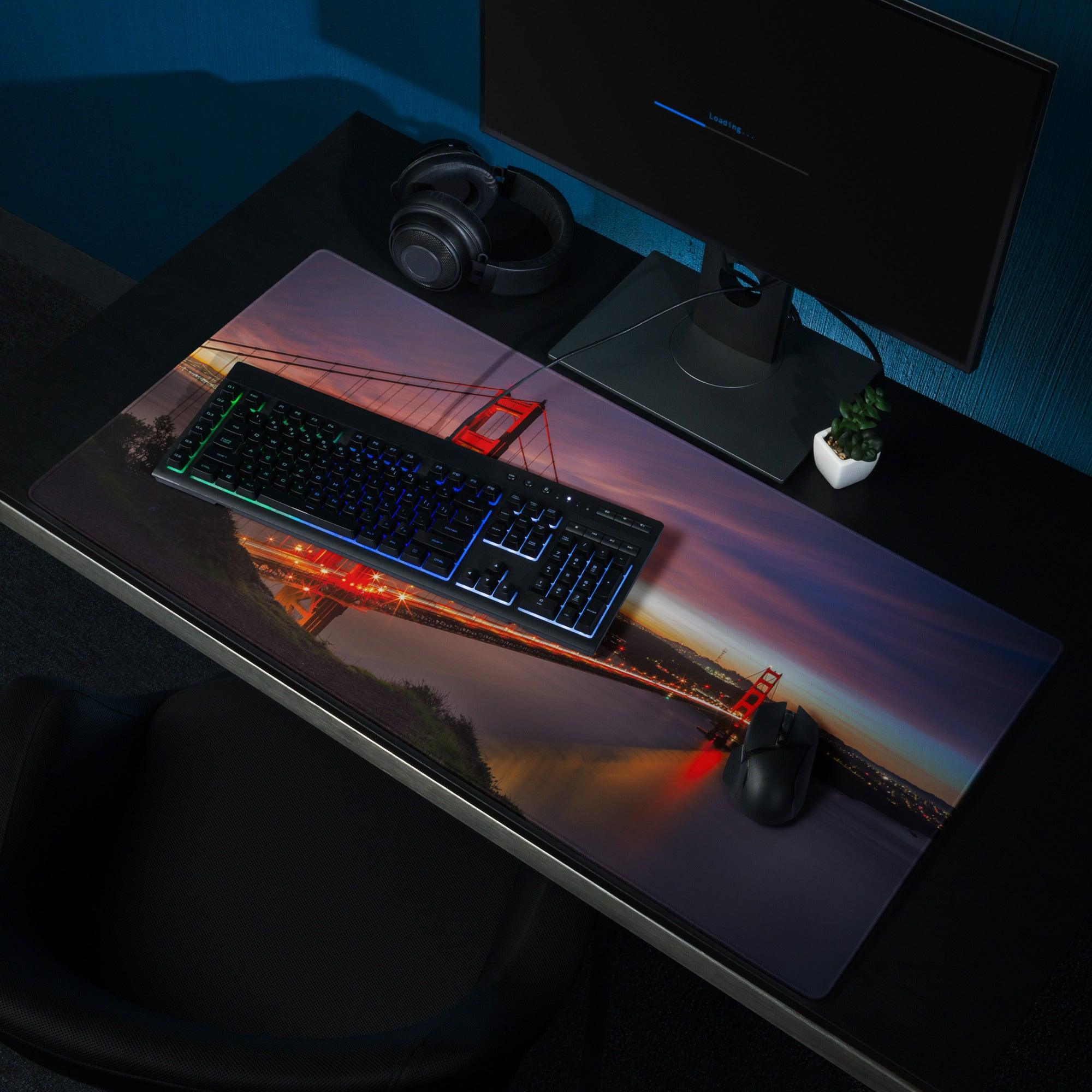 Epic Sunset Golden Gate Bridge gaming mouse pad with non-slip base