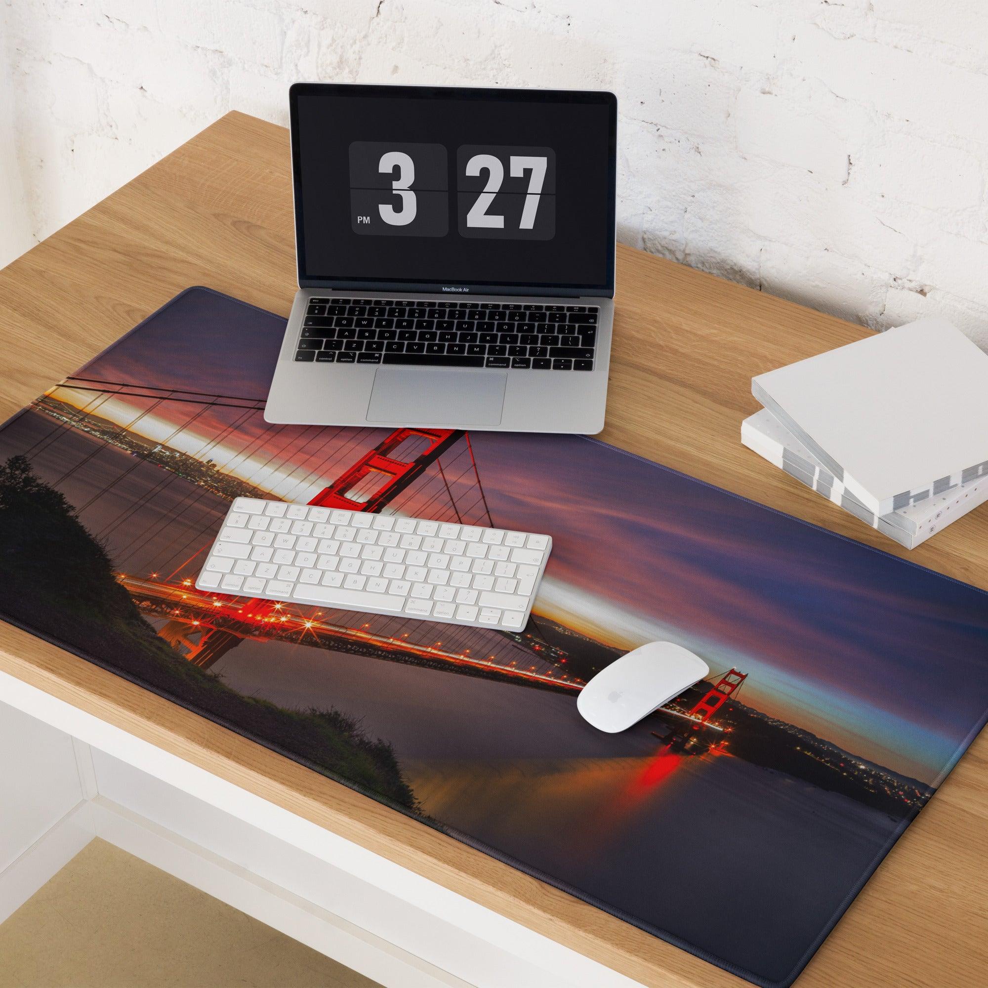 Golden Gate Bridge sunset gaming mouse pad with non-slip base, stitched edge