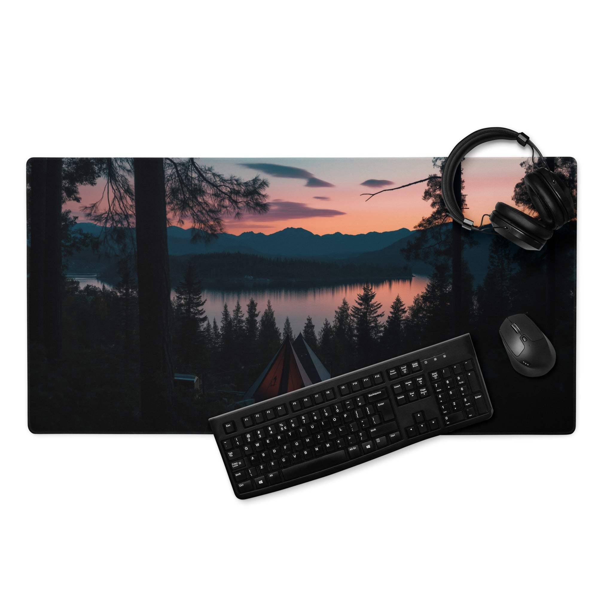 Sunset forest camping gaming mouse pad with non-slip base and stitching