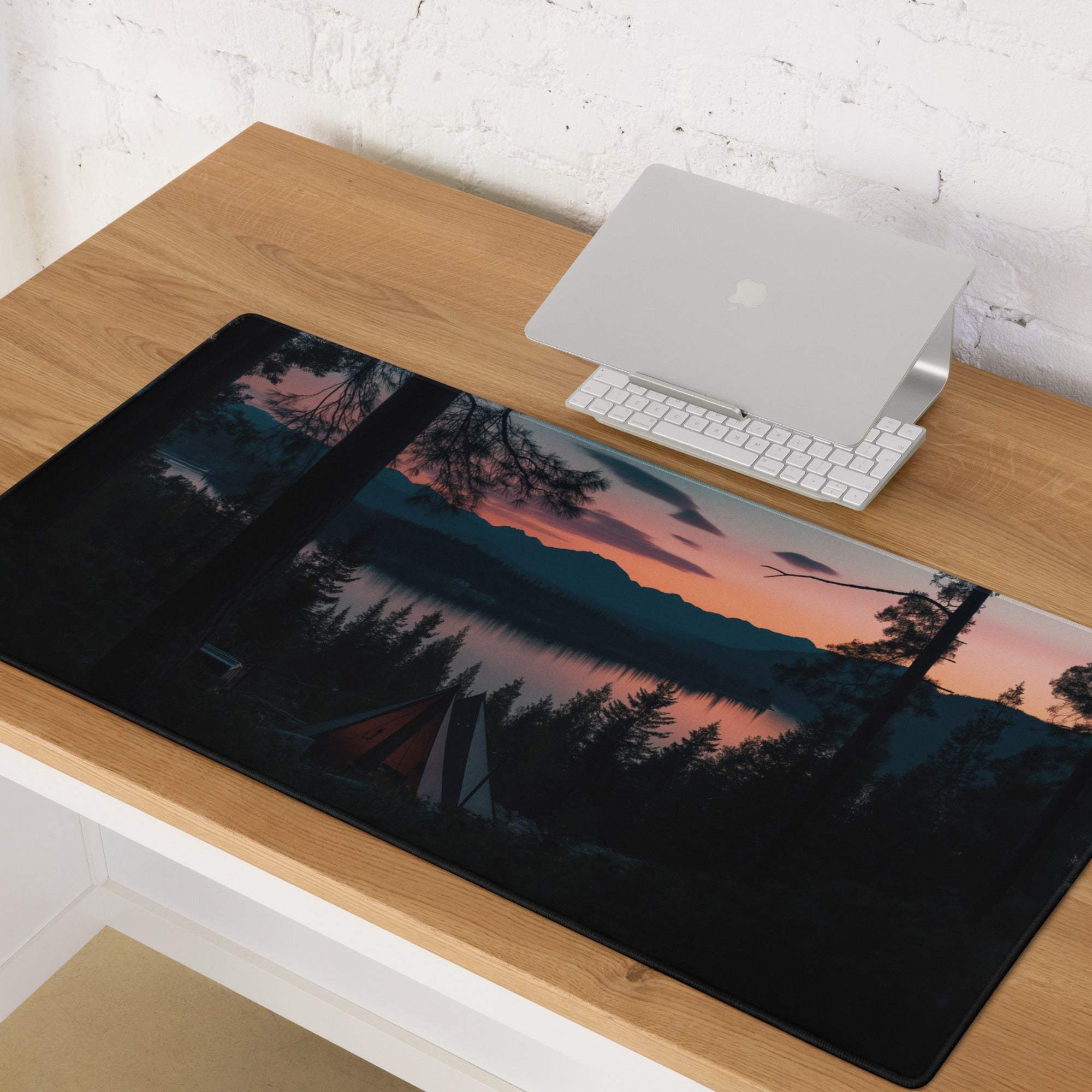 Sunset forest camping gaming mouse pad with mountains, tent, non-slip base