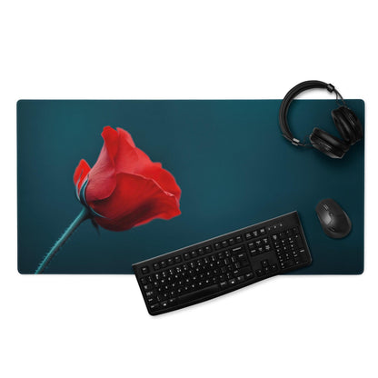Teal gaming mousepad with vivid red poppy flower and non-slip stitching