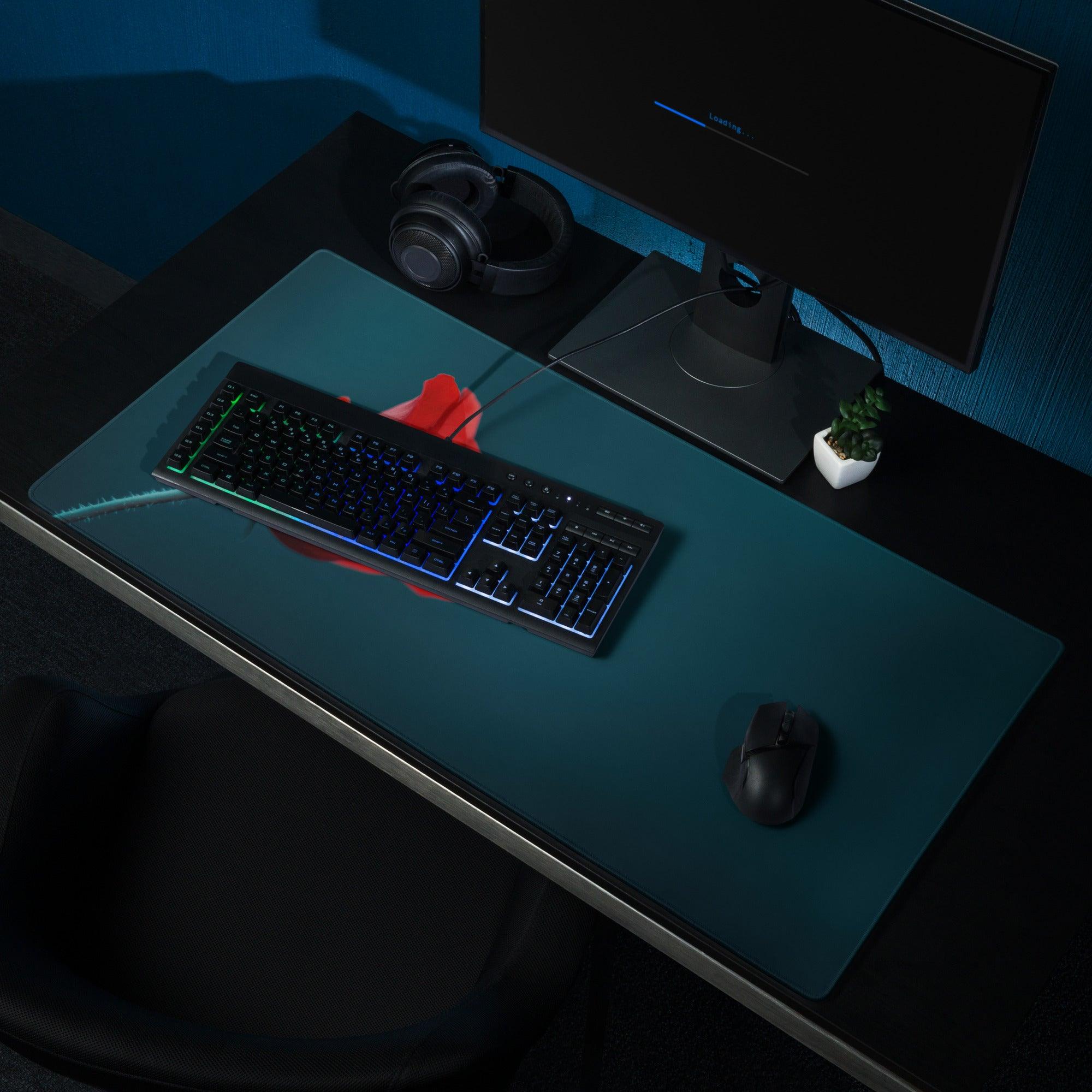 Elegant rose on deep teal large gaming mouse pad with non-slip stitching