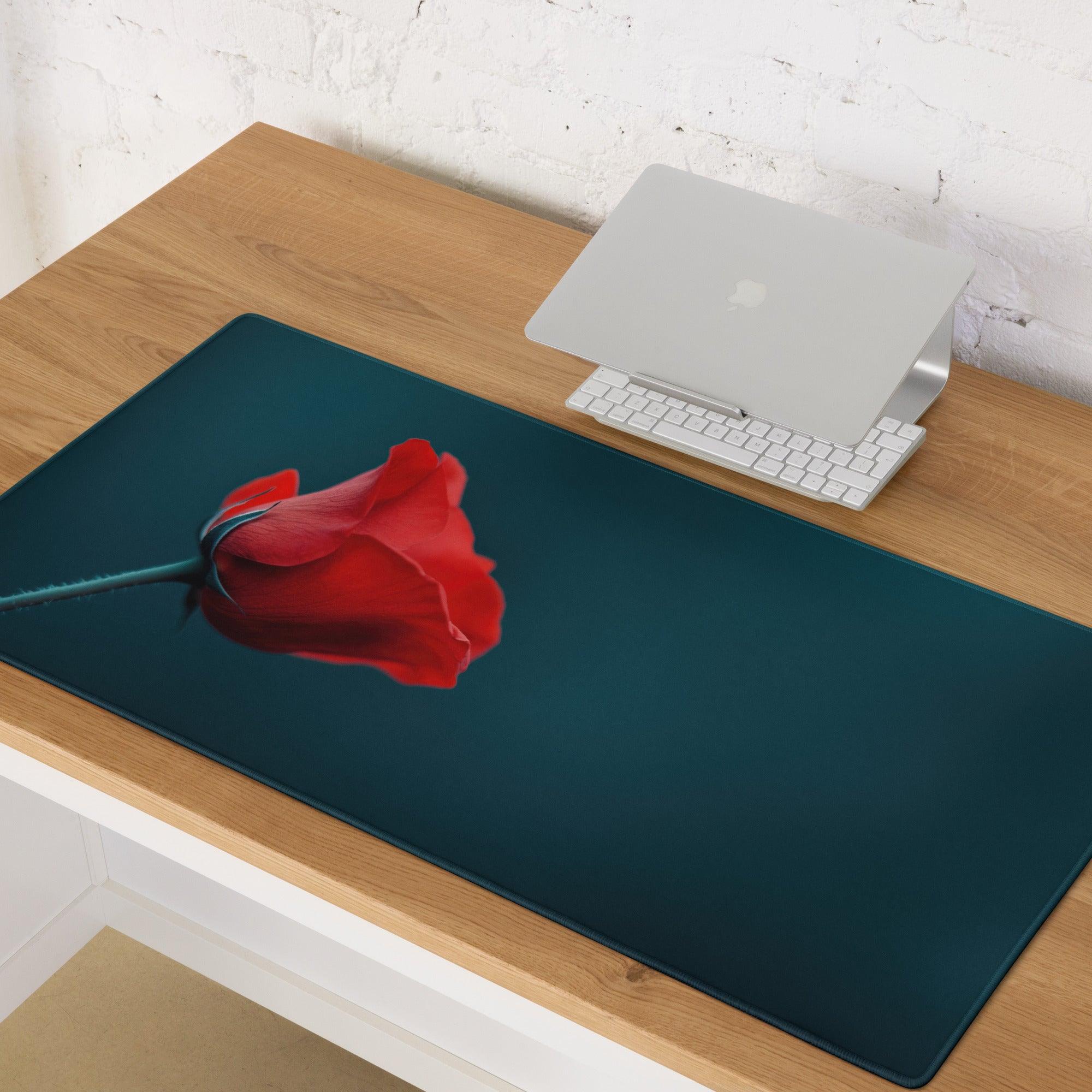 Elegant red rose on deep teal large gaming mouse pad with stitched edges