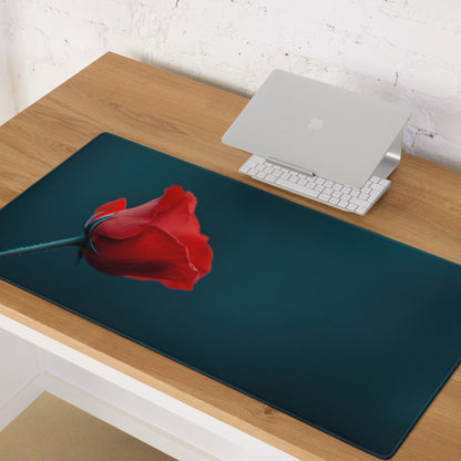 Elegant red rose on deep teal large gaming mouse pad with stitched edges