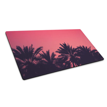 Large pink gaming mouse pad with palm sunset silhouettes