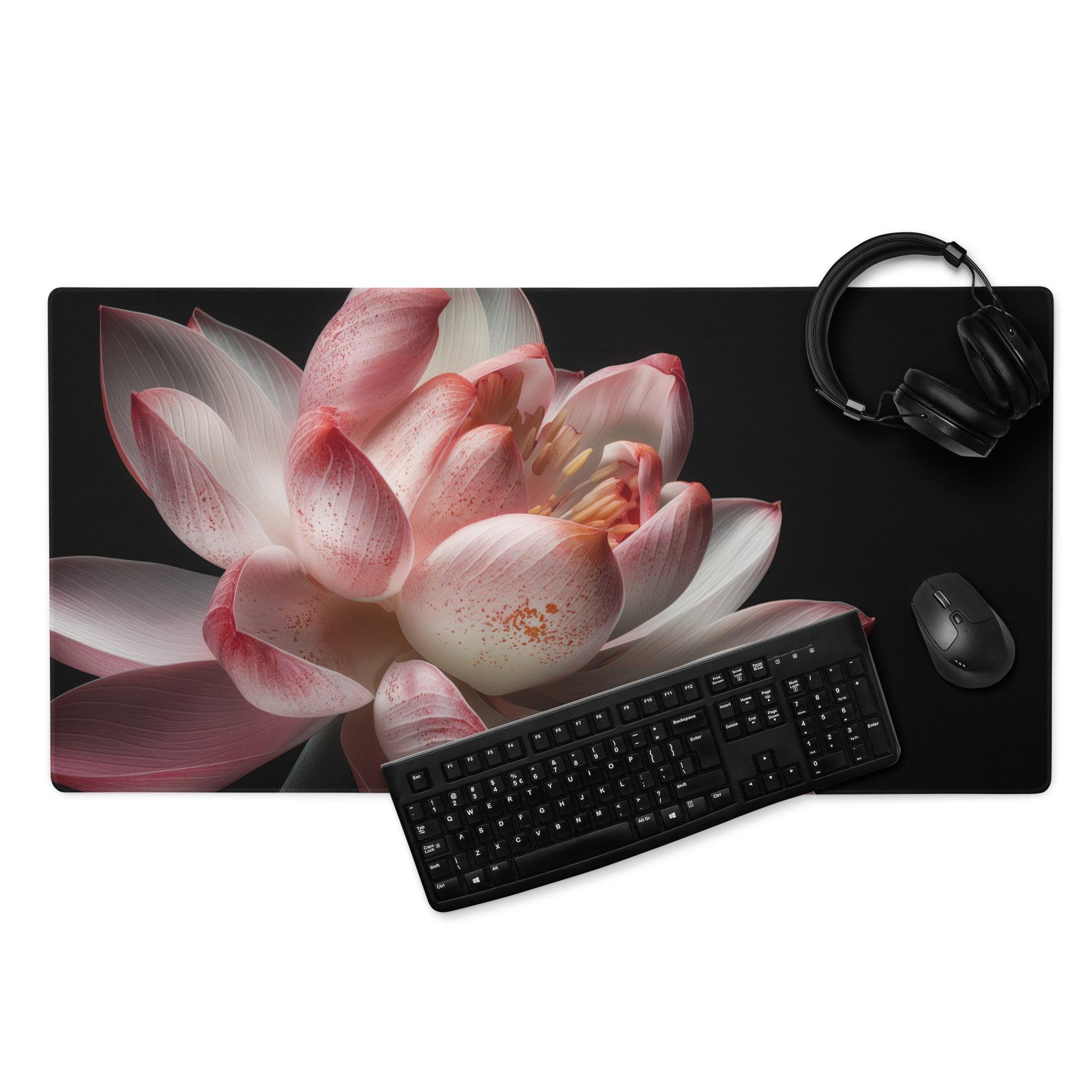 Elegant pink lotus floral large gaming mouse pad with non-slip backing