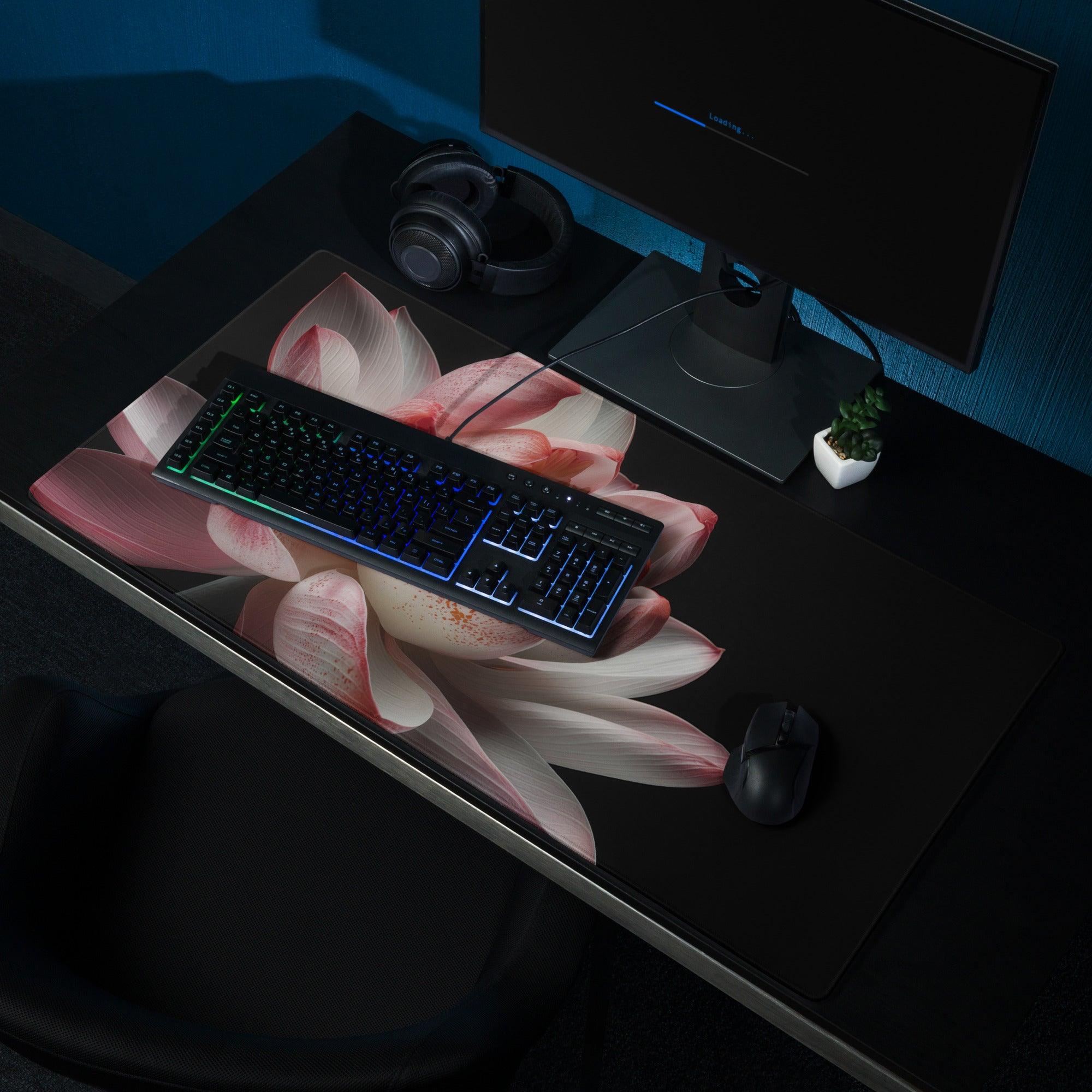 Elegant pink floral large gaming mouse pad with non-slip backing