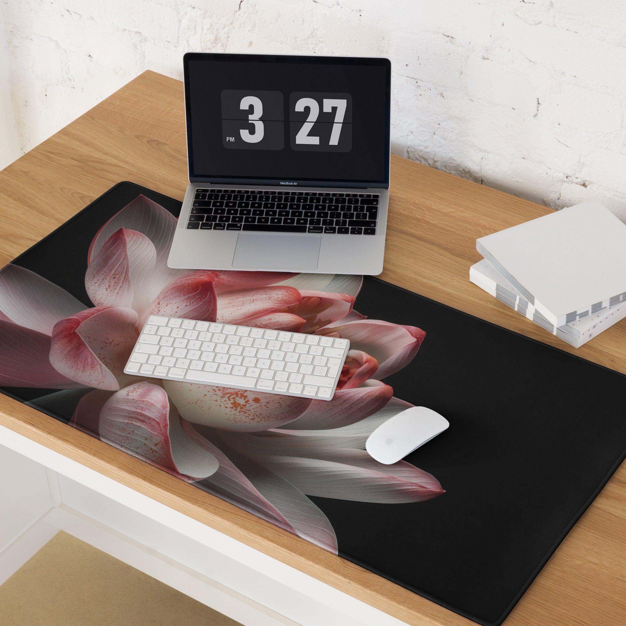 Black gaming mouse pad with pink white lotus petals print