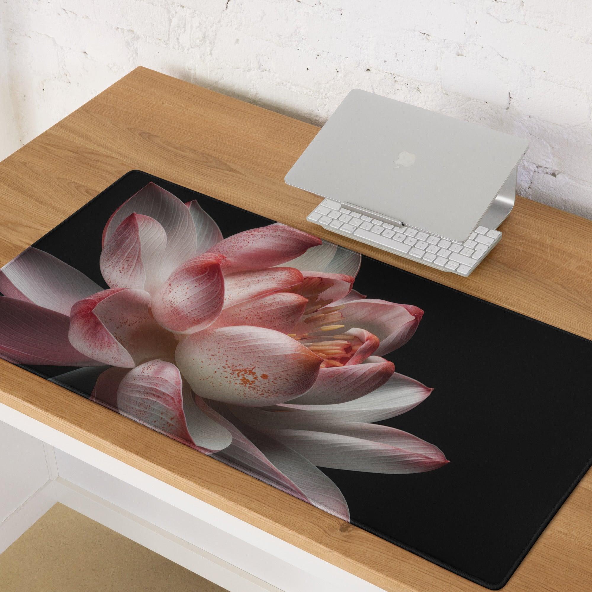 Elegant pink lotus floral large gaming mouse pad, non-slip backing