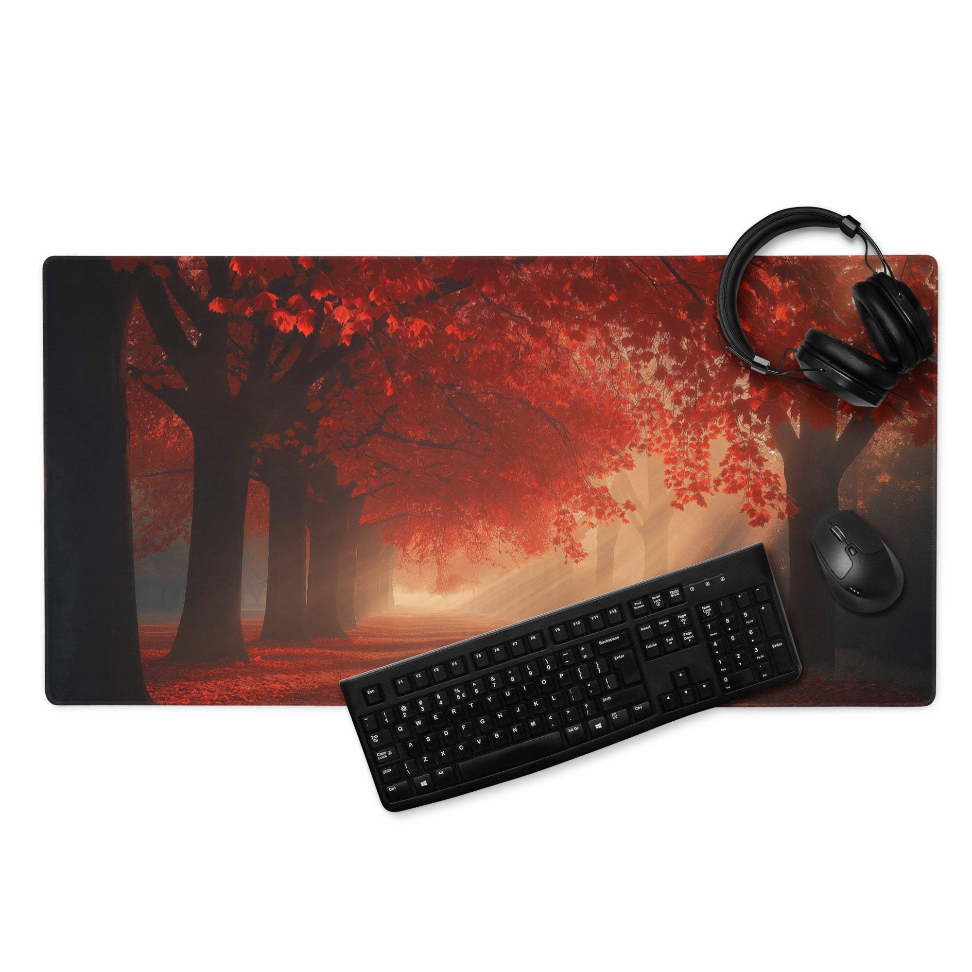 Premium large gaming mouse pad with red autumn forest scene and non-slip base
