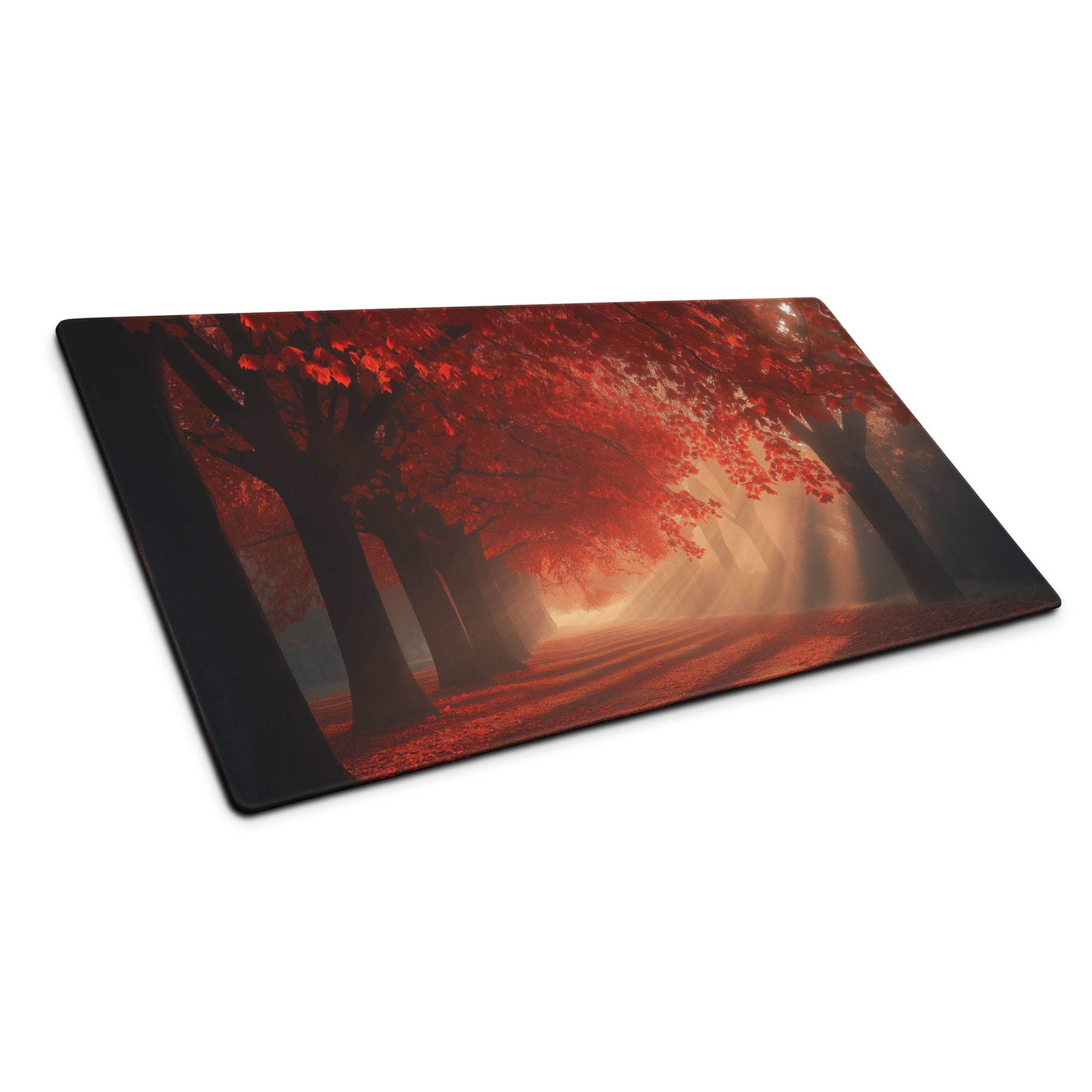 Premium large autumn forest gaming mouse pad with red leaves, misty paths, non-slip base