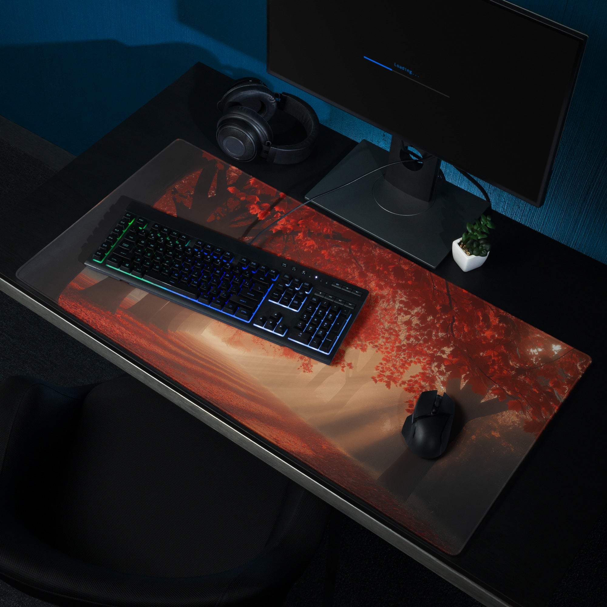 Premium Autumn Forest gaming mouse pad with red leaves, large non-slip RGB base